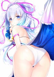 Rule 34 | 1girl, armlet, ass, bare back, bare shoulders, blue eyes, blue hair, blurry, blush, closed mouth, commentary request, cowboy shot, crescent, depth of field, emia (castilla), from behind, hair between eyes, hair intakes, hair ribbon, hand up, highres, leaning forward, lifting another&#039;s clothes, long hair, looking at viewer, looking back, mana (shironeko project), panties, pelvic curtain, pink ribbon, ribbon, shiny skin, shironeko project, shoulder blades, solo, standing, star (symbol), sweat, tearing up, thigh gap, thighs, trembling, underwear, white background, white panties