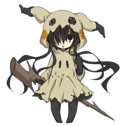 Rule 34 | 1girl, @ @, black gloves, black hair, creatures (company), fujimura akemi, game freak, gen 7 pokemon, gloves, hair over one eye, holding, holding staff, hood, hooded robe, long hair, mimikyu, nintendo, parted lips, personification, pointing, pointing at self, pokemon, robe, simple background, solo, staff, white background