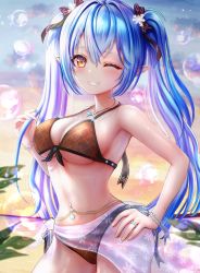 Rule 34 | 1girl, absurdres, bikini, blue hair, blush, breasts, colored tips, elf, flower, hair between eyes, hair ornament, highres, hololive, jewelry, large breasts, long hair, looking at viewer, multicolored hair, necklace, one eye closed, pointy ears, ring, smile, solo, streaked hair, swimsuit, virtual youtuber, wajuniorbox, yellow eyes, yukihana lamy
