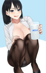 Rule 34 | 1girl, :q, black footwear, black sclera, blue eyes, blush, bob cut, breasts, breasts out, brown pantyhose, colored sclera, highres, holding, looking at viewer, medium hair, milk, office lady, open clothes, open shirt, original, pantyhose, sexually suggestive, shirt, shoes, smile, solo, squatting, sweat, tongue, tongue out, white shirt, zonda (solid air)