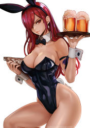 Rule 34 | 1girl, alcohol, animal ears, arm tattoo, artist name, bare legs, beer, beer mug, black bow, black bowtie, black leotard, blush, bow, bowtie, breasts, brown eyes, cleavage, closed mouth, cup, detached collar, duplicate, earrings, erza scarlet, fairy tail, fake animal ears, fake tail, female focus, hair over one eye, highleg, highleg leotard, highres, holding, holding tray, jewelry, large breasts, leotard, long hair, looking at viewer, magion02, mug, patreon username, pixel-perfect duplicate, playboy bunny, rabbit ears, rabbit tail, red hair, simple background, solo, strapless, tail, tattoo, tray, watermark, web address, white background, wrist cuffs