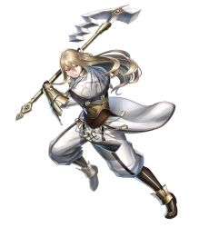 Rule 34 | 1boy, armor, axe, battle axe, blonde hair, boots, brown footwear, capelet, fire emblem, fire emblem awakening, fire emblem heroes, full body, gloves, haru (toyst), highres, holding, holding weapon, knee boots, leg up, libra (fire emblem), long hair, long sleeves, looking away, male focus, nintendo, official art, pants, parted lips, pelvic curtain, sidelocks, solo, transparent background, vambraces, weapon