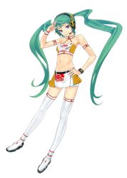 Rule 34 | 1girl, aqua hair, blue eyes, boots, crop top, full body, goodsmile racing, halterneck, hand on own hip, hatsune miku, headphones, highres, long hair, looking at viewer, miniskirt, official art, race queen, racing miku, racing miku (2010), redjuice, salute, simple background, skirt, solo, thigh boots, thighhighs, twintails, two-finger salute, very long hair, vocaloid, white background, white thighhighs