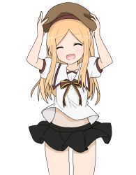 Rule 34 | 1girl, :d, ^ ^, abigail williams (fate), arms up, atsumisu, bad id, bad pixiv id, beret, black skirt, blonde hair, blush, bow, brown bow, brown hat, closed eyes, collarbone, commentary request, cosplay, cowboy shot, facing viewer, fate/grand order, fate/kaleid liner prisma illya, fate (series), forehead, gluteal fold, hands on headwear, hat, highres, homurahara academy school uniform, illyasviel von einzbern, illyasviel von einzbern (cosplay), long hair, open mouth, parted bangs, pleated skirt, puffy short sleeves, puffy sleeves, school uniform, shirt, short sleeves, simple background, skirt, smile, striped, striped bow, teeth, upper teeth only, very long hair, white background, white shirt, wind, wind lift