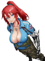 Rule 34 | 1girl, absurdres, belt, belt pouch, black gloves, blue eyes, boots, breasts, camouflage, caroline darkholme, cleavage, clenched hands, collarbone, commentary request, dog tags, english flag, flag, gakuen taisen valkyries, gloves, gradient background, highres, jacket, knee pads, large breasts, lips, long hair, long sleeves, looking at viewer, mechanical arms, military, parted lips, ponytail, pouch, red hair, shiny skin, sidelocks, simple background, single mechanical arm, smile, solo, standing, union jack, white background, yoshio (55level), zipper, zipper pull tab