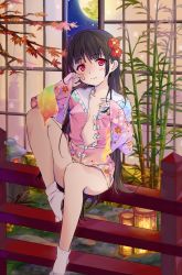 Rule 34 | 1girl, bamboo, black hair, bottomless, breasts, censored, collarbone, convenient censoring, dress, floral print, flower, hair flower, hair ornament, highres, houraisan kaguya, lantern, leg up, long hair, long sleeves, moon, motiking, naked shirt, night, no bra, open clothes, open dress, open shirt, red eyes, shirt, sitting, sky, small breasts, smile, solo, star (sky), starry sky, touhou, very long hair, wide sleeves