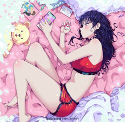 Rule 34 | 1girl, ass, bare legs, bare shoulders, barefoot, bed sheet, blush, boku no kokoro no yabai yatsu, breasts, candy, cellphone, closed mouth, drawing (object), feet, feet out of frame, food, frilled pillow, frills, highres, jk arts, charm (object), knees up, large breasts, legs, long hair, lying, manga (object), messy hair, nail polish, on side, phone, pillow, red shorts, red sports bra, shorts, smartphone, solo, sports bra, spread toes, stuffed animal, stuffed toy, teddy bear, thighs, toenail polish, toenails, toes, twitter username, unworn eyewear, yamada anna, yellow eyes