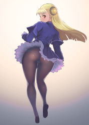 Rule 34 | 1girl, ahoge, ass, blonde hair, brown pantyhose, cameltoe, capcom fighting jam, cleft of venus, clothes lift, commentary request, dress, dress lift, flats, from behind, full body, gloves, hairpods, highres, ingrid (capcom), johan (johan13), long hair, looking back, nose, panties, panties under pantyhose, pantyhose, red eyes, solo, straight hair, underwear, white gloves, wind, wind lift
