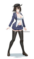 Rule 34 | 1girl, absurdres, ai-bon, beret, black footwear, black hair, black hat, black thighhighs, blue jacket, blue skirt, character request, commentary, commission, copyright request, full body, hat, highres, jacket, loafers, looking at viewer, miniskirt, navel, open clothes, open jacket, pleated skirt, shirt, shoes, short hair, skirt, solo, standing, stomach, thighhighs, white shirt, yellow eyes, zettai ryouiki