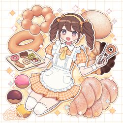 Rule 34 | 1girl, apron, artist name, bright pupils, brown eyes, brown hair, doughnut, dress, drill hair, emma (kumaema), food, frilled apron, frills, gambol shroud, hairband, highres, holding, holding plate, holding tongs, looking at viewer, necktie, orange dress, original, outline, pastry, plate, puffy short sleeves, puffy sleeves, seiza, short sleeves, sidelocks, sitting, solo, thighhighs, tongs, twin drills, twintails, white outline, white thighhighs, yellow hairband, yellow necktie