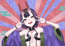 Rule 34 | 1girl, absurdres, artist request, bare shoulders, blue background, blush, bob cut, breasts, collarbone, double v, egasumi, emotional engine - full drive, eyeliner, fangs, fate/grand order, fate (series), floral background, hands up, head tilt, headpiece, highres, horns, japanese clothes, kimono, long sleeves, looking at viewer, makeup, off shoulder, oni, open clothes, open kimono, open mouth, parody, pink background, purple eyes, purple hair, purple kimono, revealing clothes, short eyebrows, short hair, shuten douji (fate), skin-covered horns, small breasts, smile, solo, sparkle, striped, striped background, v, wide sleeves