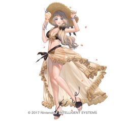 Rule 34 | alternate costume, bikini, blonde hair, blue eyes, bow, bracelet, breasts, cleavage, cup, drinking glass, drinking straw, female focus, fire emblem, fire emblem: three houses, fire emblem heroes, food, hand on headwear, hat, holding, holding food, jewelry, kippu, large breasts, legs, long hair, mercedes von martritz, midriff, nail polish, navel, nintendo, official art, open mouth, parfait, petals, sandals, simple background, smile, solo, straw hat, summer, swimsuit, thighs, toenail polish, toenails, toes, white background