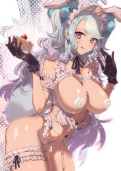 Rule 34 | 1girl, :q, animal ear fluff, animal ears, black gloves, black ribbon, blue eyes, blue hair, bra, breasts, bridal garter, cake, cake slice, cameltoe, cleavage, cleft of venus, commentary request, cream, cream on face, cupless bra, eating, food, food on body, food on breasts, food on face, food on hand, gloves, holding, holding food, jewelry, large breasts, lingerie, long hair, looking at viewer, maid headdress, original, panties, rabbit ears, ribbon, ring, solo, tajima ryuushi, tongue, tongue out, two side up, underwear, white panties