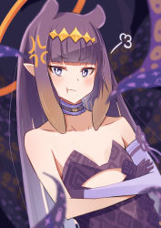 Rule 34 | 1girl, anger vein, angry, bare shoulders, black background, black hair, blue eyes, blunt bangs, blurry, blush, brown hair, collarbone, commentary request, crossed arms, dutch angle, flat chest, gradient hair, halo, highres, hololive, hololive english, kenjun, long hair, looking at viewer, mole, mole under eye, multicolored hair, ninomae ina&#039;nis, ninomae ina&#039;nis (1st costume), pointy ears, simple background, solo, tentacles, upper body, very long hair, virtual youtuber