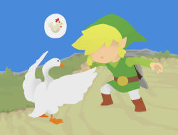 Rule 34 | 1boy, arms up, belt, bird, black eyes, blonde hair, blue sky, brown footwear, chicken, crossover, day, faceless, faceless male, from behind, goose, goose (untitled goose game), grass, green headwear, green shirt, hat, highres, leggings, link, long sleeves, male focus, minimalism, niko geyer, nintendo, outdoors, pointy ears, shield, shield on back, shirt, shoes, short hair, sky, sword, the legend of zelda, the legend of zelda: the wind waker, toon link, tunic, untitled goose game, weapon, white legwear