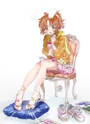 Rule 34 | 1girl, abe nana, animal ears, bandaid, bandaid on foot, bandaid on leg, bare legs, brown eyes, brown hair, crying, crying with eyes open, dress, glass slipper, happy tears, highres, idolmaster, idolmaster cinderella girls, jacket, looking at viewer, on chair, open mouth, orange jacket, pink dress, ponytail, rabbit ears, shoes, sneakers, solo, tears, tsurumai kada, used tissue