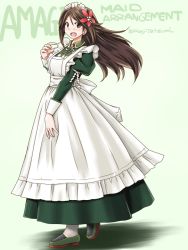 Rule 34 | 1girl, alternate costume, amagi (kancolle), apron, brown eyes, brown hair, character name, commentary request, dress, enmaided, frilled apron, frills, full body, gradient background, green background, green dress, grey footwear, hair ornament, high ponytail, kantai collection, leaf, leaf hair ornament, loafers, long dress, long hair, long sleeves, looking at viewer, maid, maid headdress, maple leaf, one-hour drawing challenge, open mouth, shoes, sidelocks, smile, solo, standing, tatsumi ray, white apron, wide ponytail