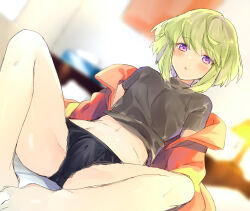 Rule 34 | 1boy, :o, barefoot, black panties, blurry, blurry background, blush, bulge, feet, firefighter jacket, green hair, grey shirt, jacket, knees apart feet together, lio fotia, looking at viewer, male focus, navel, open clothes, open jacket, open mouth, panties, parted lips, promare, purple eyes, red jacket, shirt, short hair, sidelocks, solo, spread legs, thighs, trap, underwear, yuyu (yuyudesu0806)