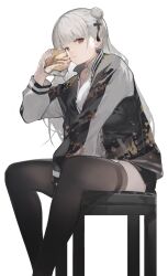 Rule 34 | 1girl, anths, arm between legs, black thighhighs, burger, covered collarbone, eating, feet out of frame, food, grey hair, hair bun, hair ornament, highres, holding, holding burger, holding food, iron saga, jacket, long hair, long sleeves, looking at viewer, lying, on back, open clothes, open jacket, qin (iron saga), red eyes, shirt, single hair bun, sitting, sleeveless, sleeveless shirt, solo, sukajan, thighhighs, white shirt