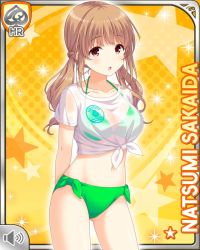 Rule 34 | 1girl, :o, arms behind back, barefoot, bikini, breasts, brown hair, card (medium), collarbone, girlfriend (kari), large breasts, long hair, official art, open mouth, qp:flapper, red eyes, sakaida natsumi, see-through, shirt, shoes, solo, standing, swimsuit, tagme, tied shirt, wet, wet clothes, white shirt, yellow background