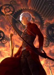 Rule 34 | 1boy, archer (fate), bow (weapon), brown eyes, cloud, cloudy sky, commentary request, cowboy shot, dark skin, dark-skinned male, fate/stay night, fate (series), from below, frown, gears, harafha, holding, holding bow (weapon), holding weapon, long sleeves, male focus, planted, profile, sky, solo, standing, sunlight, sword, unlimited blade works (fate), weapon, white hair