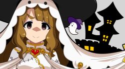 Rule 34 | 1girl, black hat, brooch, brown eyes, brown hair, building, closed mouth, commentary, dress, ghost, ghost costume, halloween, halloween costume, hat, heart, idolmaster, idolmaster million live!, jewelry, long hair, looking at viewer, miyao miya, smile, solo, tun, veil, white dress, witch hat