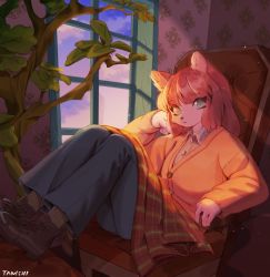 Rule 34 | 1girl, animal ears, animal nose, artist name, blanket, blue eyes, blue pants, blue sky, body fur, breasts, brown footwear, cardigan, cat ears, cat girl, chair, closed mouth, cloud, collared shirt, expressionless, female focus, footstool, full body, furry, furry female, head rest, highres, indoors, jpeg artifacts, knees up, legs together, light rays, long hair, long sleeves, looking at viewer, medium breasts, orange cardigan, original, pants, plaid, plaid shirt, red hair, shirt, shoes, sidelocks, signature, sitting, sky, socks, solo, sunlight, tanishi (tanisi tanbo), tree, white fur, white shirt, white socks, window