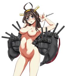 Rule 34 | 10s, 1girl, arms up, blush, breasts, brown hair, cannon, collarbone, grey eyes, headgear, interlocked fingers, kantai collection, kongou (kancolle), long hair, machinery, medium breasts, navel, nipples, nude, open mouth, pussy, simple background, solo, uncensored, white background, yaruku