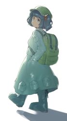 Rule 34 | 1girl, backpack, bag, blue eyes, blue hair, blue skirt, boots, full body, hair bobbles, hair ornament, hair ribbon, hands in pockets, hat, kawashiro nitori, long sleeves, looking at viewer, monosenbei, pocket, red ribbon, ribbon, rubber boots, simple background, skirt, solo, touhou, two side up, walking, white background
