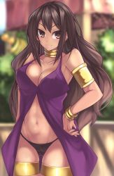 Rule 34 | 10s, 1girl, amazon warrior, arm at side, armlet, art is de4d, bare shoulders, black panties, blurry, bracelet, breasts, brown eyes, brown hair, c:, cameltoe, character request, cleavage, closed mouth, collarbone, covered erect nipples, dark-skinned female, dark skin, depth of field, dress, dungeon ni deai wo motomeru no wa machigatteiru darou ka, female focus, groin, hand on own hip, highres, jewelry, large breasts, legs, lips, lipstick, long hair, looking at viewer, makeup, matching hair/eyes, midriff, navel, neck ring, no bra, open clothes, open dress, outdoors, panties, pink lips, purple dress, smile, solo, standing, thigh gap, thigh strap, thighlet, underwear