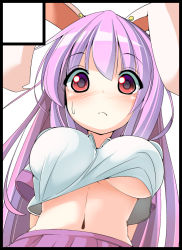 Rule 34 | 1girl, alternate costume, animal ears, arms behind back, blush, breasts, clothes lift, crop top, crop top overhang, from below, highres, large breasts, long hair, long sleeves, looking at viewer, midriff, miton (turuyasann), navel, no bra, pleated skirt, purple hair, rabbit ears, red eyes, reisen udongein inaba, shirt, shirt lift, short sleeves, simple background, skirt, solo, sweatdrop, touhou, underboob, white shirt