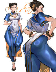 Rule 34 | 1girl, absurdres, arm behind back, black eyes, black hair, blue pants, bow, bowtie, bracelet, breasts, capcom, china dress, chinese clothes, chun-li, cleavage, closed mouth, commentary, commission, covered navel, double bun, dress, full body, gold trim, hair bun, hands on own hips, highres, jewelry, juaag acgy, lips, makeup, medium breasts, multiple views, pants, shiny clothes, shoes, short sleeves, simple background, skeb commission, skin tight, smile, street fighter, street fighter 6, white background