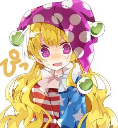 Rule 34 | 1girl, @ @, american flag dress, american flag shirt, blonde hair, clownpiece, commentary request, fang, hat, jester cap, long hair, looking at viewer, neck ruff, nikorashi-ka, polka dot, shirt, simple background, solo, star (symbol), star print, striped, tears, touhou, upper body, wavy mouth, white background