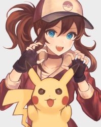 Rule 34 | &gt;:d, 10s, 1girl, :d, bad id, bad nicoseiga id, baseball cap, black gloves, blue eyes, brown hair, claw pose, collarbone, creatures (company), female protagonist (pokemon go), fingerless gloves, game freak, gen 1 pokemon, gloves, hair between eyes, hat, jacket, long hair, looking at viewer, nintendo, okakan, open mouth, pikachu, poke ball, pokemon, pokemon (creature), pokemon go, ponytail, red jacket, simple background, smile, track jacket, upper body, v-shaped eyebrows