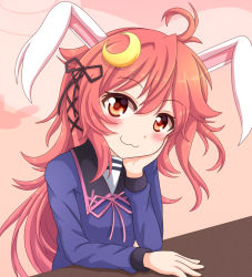 Rule 34 | 1girl, :3, ahoge, animal ears, bad id, bad pixiv id, black ribbon, black sailor collar, blue shirt, commentary request, crescent, crescent hair ornament, hair ornament, head rest, kantai collection, long hair, looking at viewer, pink background, rabbit ears, red eyes, ribbon, sailor collar, school uniform, serafuku, shirt, sills, smile, solo, upper body, uzuki (kancolle)
