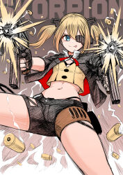 Rule 34 | 1girl, absurdres, black gloves, blonde hair, blue eyes, breasts, casing ejection, character name, commentary, english commentary, eyepatch, firing, firing at viewer, girls&#039; frontline, gloves, gun, highres, holding, holding gun, holding weapon, jacket, long hair, looking at viewer, machine pistol, midriff, navel, partially fingerless gloves, pouch, senpaihawkkun, shell casing, shorts, skorpion (girls&#039; frontline), skorpion vz. 61, small breasts, smile, solo, spread legs, submachine gun, thigh pouch, tongue, tongue out, twintails, weapon