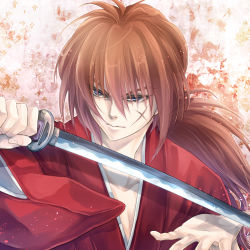 Rule 34 | 1boy, ai (ai1470), blue eyes, himura kenshin, katana, long hair, male focus, ponytail, red hair, rurouni kenshin, scar, solo, sword, weapon