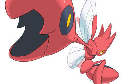 Rule 34 | commentary request, creatures (company), from side, game freak, gen 2 pokemon, highres, looking at viewer, nintendo, no humans, outstretched arm, pokemon, pokemon (creature), rii (mrhc7482), scizor, sideways glance, simple background, solo, white background, yellow eyes
