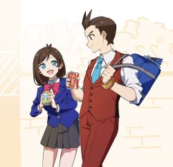 1boy 1girl :d ace_attorney alternate_costume apollo_justice apollo_justice:_ace_attorney backpack bag black_skirt blue_eyes blue_necktie bow bowtie brown_eyes brown_hair can closed_mouth collared_shirt commentary_request dot_nose drink_can formal highres holding holding_bag holding_can maka_gtsb medium_hair necktie open_mouth outdoors pants pink_bow pink_bowtie pleated_skirt red_pants red_suit shirt short_hair skirt smile soda_can suit trucy_wright walking white_shirt