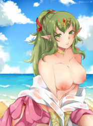 Rule 34 | 1girl, beach, bikini, breasts, cleavage, curvy, fire emblem, green eyes, green hair, highres, kyousa38, large breasts, long hair, looking at viewer, nintendo, nipples, ocean, open clothes, parted lips, pointy ears, ponytail, sand, sitting, solo, sweat, swimsuit, tiki (fire emblem), wide hips