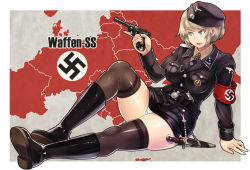 Rule 34 | 1girl, arm support, armband, bad id, bad pixiv id, blonde hair, boots, breasts, cov-r, cross, german text, green eyes, gun, handgun, hat, impossible clothes, iron cross, knee boots, knife, large breasts, leaning back, luger p08, map, military, military uniform, miniskirt, nazi, open mouth, original, p-08, panties, pantyshot, pencil skirt, pistol, plump, short hair, sitting, skindentation, skirt, solo, swastika, thighhighs, trigger discipline, underwear, uniform, upskirt, weapon