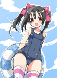 Rule 34 | 10s, 1girl, black hair, cameltoe, innertube, long hair, love live!, love live! school idol project, one-piece swimsuit, open mouth, red eyes, school swimsuit, sketch, smile, solo, striped clothes, striped thighhighs, swim ring, swimsuit, thighhighs, twintails, wide hips, yazawa nico, yukiji shia