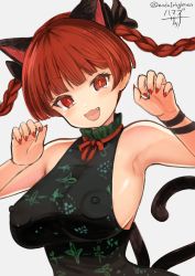 Rule 34 | 1girl, :d, animal ears, blunt bangs, blush, braid, breasts, cat ears, cat tail, claw pose, covered erect nipples, dress, fang, hamaburicchi, highres, kaenbyou rin, looking at viewer, multiple tails, nail polish, nekomata, open mouth, red eyes, red hair, red nails, smile, solo, tail, touhou, twin braids, twintails, two tails, upper body