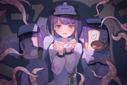Rule 34 | 3girls, black hair, blue eyes, blunt bangs, bob cut, clenched hands, commentary, fang, gradient hair, head-mounted display, headset, hololive, hololive english, long sleeves, looking at viewer, meiyan (boyimachao), multicolored hair, multiple girls, multiple persona, ninomae ina&#039;nis, official alternate hair length, official alternate hairstyle, open mouth, orange hair, paid reward available, petite, purple hair, shadow, sidelocks, straitjacket, swept bangs, takodachi (ninomae ina&#039;nis), tentacle hair, tentacles, virtual youtuber
