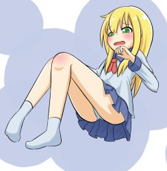 Rule 34 | 1girl, absurdres, artist request, blonde hair, blue background, blue skirt, blush, full body, green eyes, grey panties, grey shirt, grey socks, hands up, have to pee, highres, knees together feet apart, long hair, long sleeves, looking down, neckerchief, open mouth, original, panties, pantyshot, pigeon-toed, pleated skirt, red neckerchief, school uniform, serafuku, shirt, simple background, skirt, socks, solo, two-tone background, underwear, upskirt