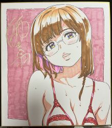 Rule 34 | 1girl, blue eyes, blush, breasts, brown hair, character request, colored inner hair, colorized, glasses, highres, large breasts, lingerie, lips, lipstick, long hair, looking at viewer, makeup, multicolored hair, shikishi, shiwasu no okina, signed, simple background, straight hair, tagme, underwear