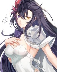 Rule 34 | 1girl, absurdres, armor, artist name, black hair, breasts, cecilia (epic seven), cleavage, dated, epic seven, gloves, hair between eyes, hand on own chest, heterochromia, highres, i a n, large breasts, long hair, looking at viewer, purple eyes, purple hair, shoulder armor, signature, upper body, yellow eyes