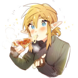 Rule 34 | 1girl, blonde hair, blush, breasts, brown gloves, cropped torso, earrings, eating, fingerless gloves, food, genderswap, genderswap (mtf), gloves, hair between eyes, jewelry, large breasts, link, long sleeves, nintendo, notice lines, pizza, pointy ears, ponytail, sidelocks, striped clothes, striped sweater, sweater, the legend of zelda, ttanuu.