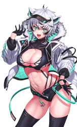 Rule 34 | 1girl, abs, absurdres, animal ears, aqua eyes, belt, bikini, black gloves, black hair, black thighhighs, breasts, cat ears, cleavage cutout, clothing cutout, english text, fang, fur trim, gloves, half gloves, highres, jacket, large breasts, long sleeves, looking at viewer, loose belt, multicolored hair, navel, open mouth, original, short hair, short shorts, shorts, solo, swimsuit, thighhighs, two-tone hair, ulrich (tagaragakuin), open fly, unzipped, white hair, white jacket
