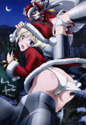 Rule 34 | 2girls, absurdres, ass, bag, blue eyes, blush, brown eyes, brown hair, butt crack, erica hartmann, gertrud barkhorn, hat, highres, holding, holding bag, megami magazine, moon, multiple girls, night, non-web source, official art, open mouth, panties, santa costume, santa hat, sky, strike witches, surprised, tail, tamura masafumi, underwear, white panties, world witches series